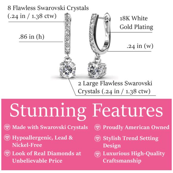 Cate&Chloe McKenzie 18k White Gold PLD Drop Dangle Earrings W Swarovski Crystals - Picture 3 of 6